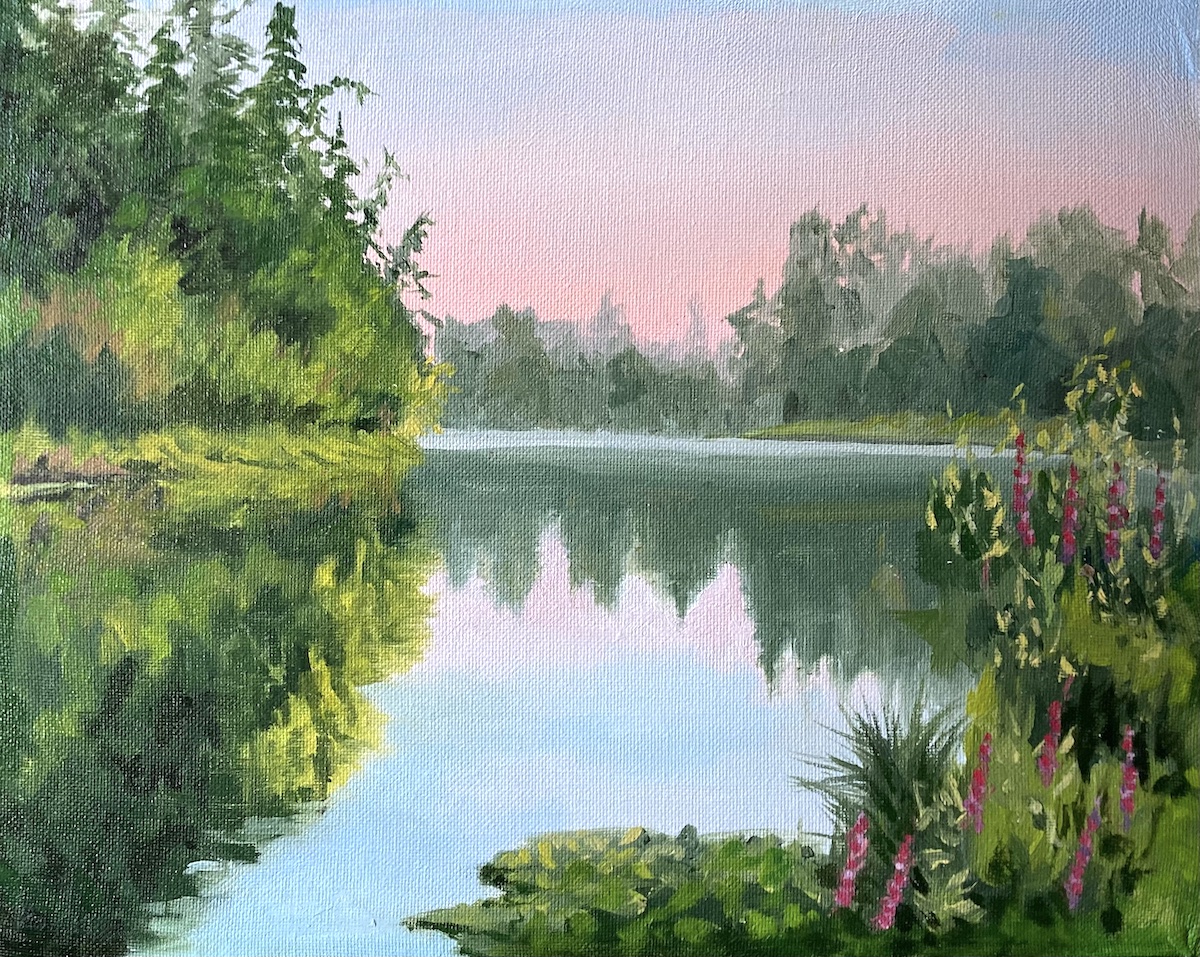 oil painting of the willamette river at sunrise, by Tom Wheeler