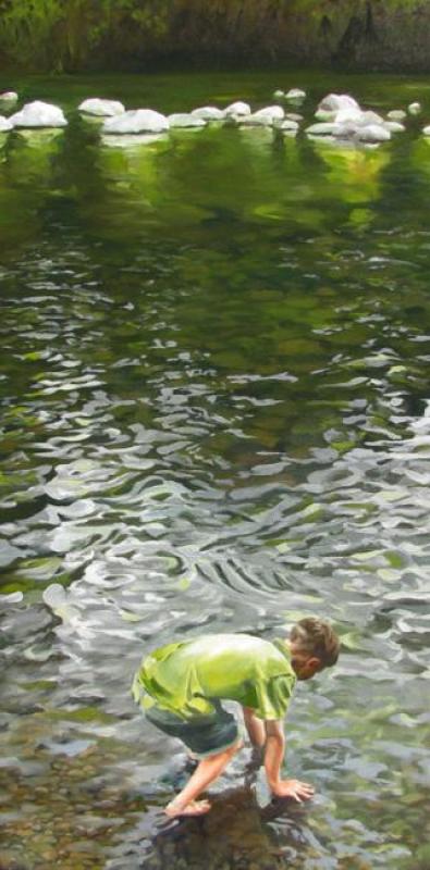 Boy searching for rocks in the water. Oil on canvas by Tom Wheeler